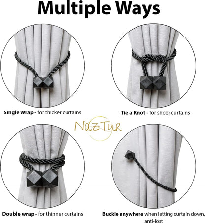 NazTur Magnetic Curtain Tiebacks- Upgrade 2022 with a Thicker Twist Rope & Strong Magnet Tieback Window Treatment Holdbacks Draperies Holders Decorative Drape Handmade Tie Back (Black, 2)