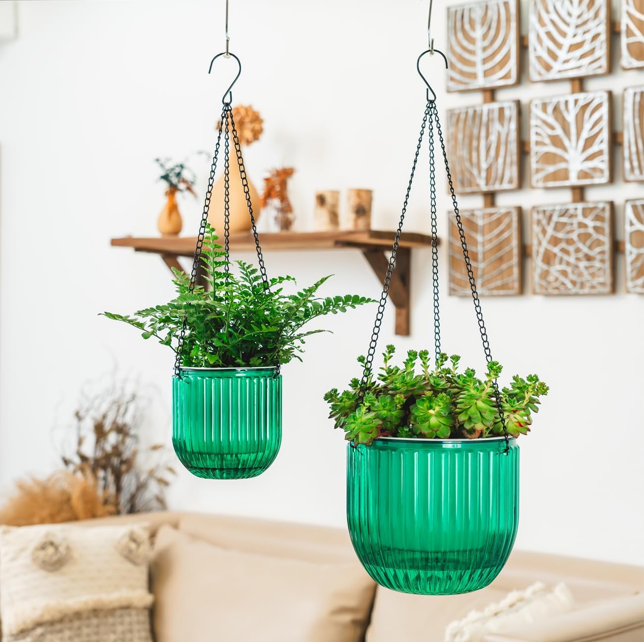 Melphoe 2 Pack Self Watering Hanging Planters Indoor Flower Pots, 6.5 Inch Outdoor Hanging Basket, Plant Hanger with 3Hooks Drainage Holes for Garden Home (Emerald)