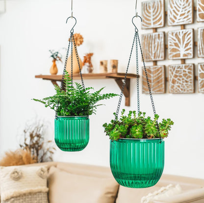 Melphoe 2 Pack Self Watering Hanging Planters Indoor Flower Pots, 6.5 Inch Outdoor Hanging Basket, Plant Hanger with 3Hooks Drainage Holes for Garden Home (Emerald)