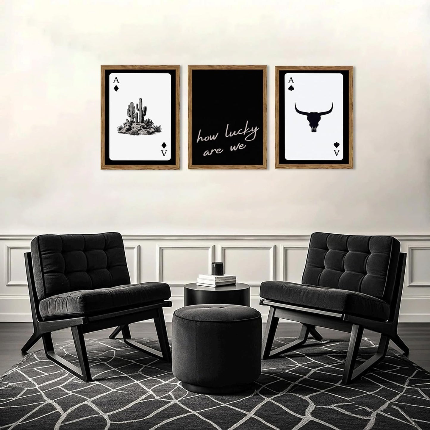 Western Wall Art Set of 3, Southwestern Cowboy Playing Card Wall Decor, Longhorn Bull Skull and How Lucky are We Poster Canvas Painting Prints for Bedroom Living Room 12x16 inch Wood Framed