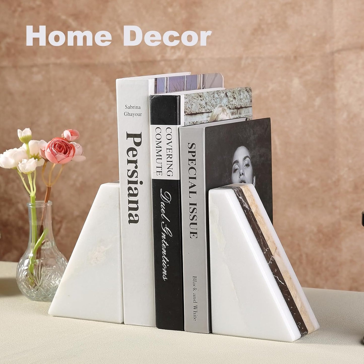 Karibiber Travertine Bookends for Heavy Books, Marble Decorative Bookends for Shelves, Heavy-Duty Stone Book Ends for Hardback Book & Cookbooks, Unique Book Stopper & Holder, Travertino Italy