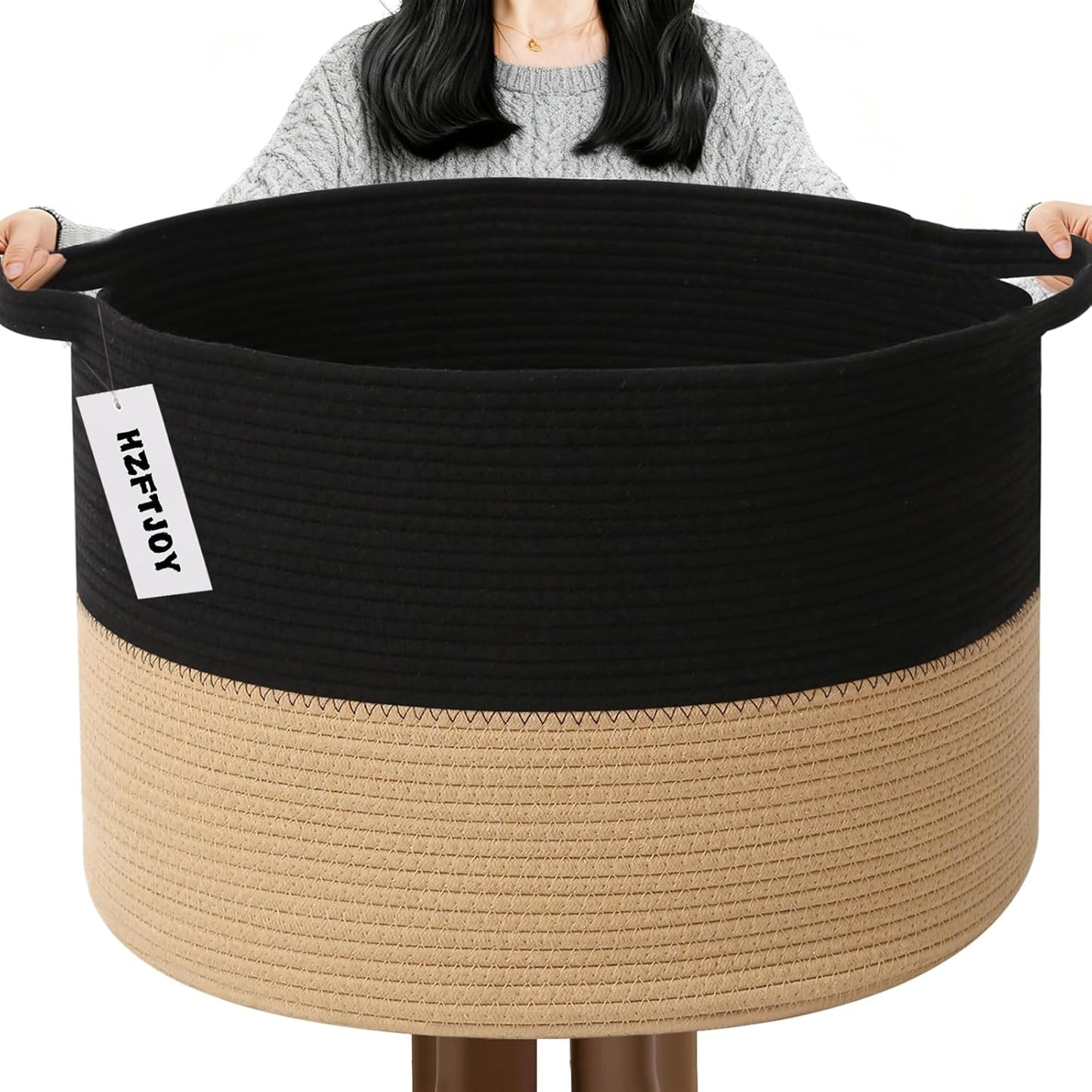 Large Woven Blanket Basket,65L Cotton Rope Laundry Basket Hamper with Handles, Decorative Nursery Basket Storage Bin for Toys, Clothes Organizer, Living Room, Bedroom, Bathroom, White & Brown