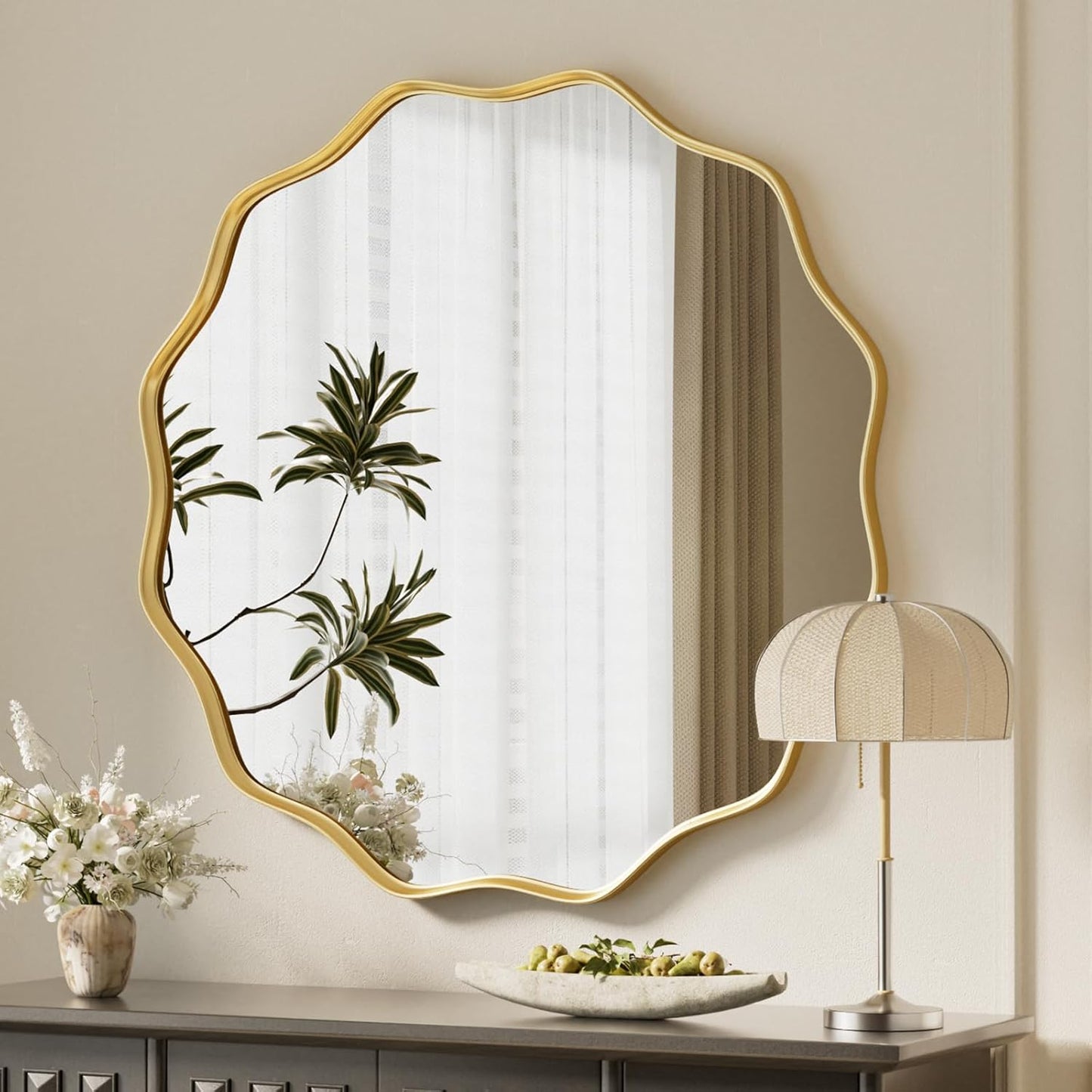 VooBang Black Scalloped Large Circle Mirror, 42" Wavy Edge Round Wall Mirror with Tempered Glass Textured Circular Metal Deep Frame, Hanging Leaning for Bathroom, Hallway, Entryway, Livng Room