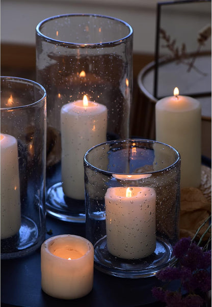 Hurricane Candle Holders for Pillar Hand Blown Glass Cylinder Vases Table Centerpiece Bulk Room Decor Clear Seeded Bubbles Living Dining Kitchen Island 10" 7" 4" Set of 3