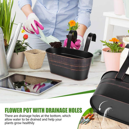 OBTANIM 4 Pack Metal Hanging Flower Pots Iron Railing Planter Outdoor Fence Hanging Pots Bucket Plant Holder with Detachable Hooks Drain Holes for Home Garden Yard Decor (Black)