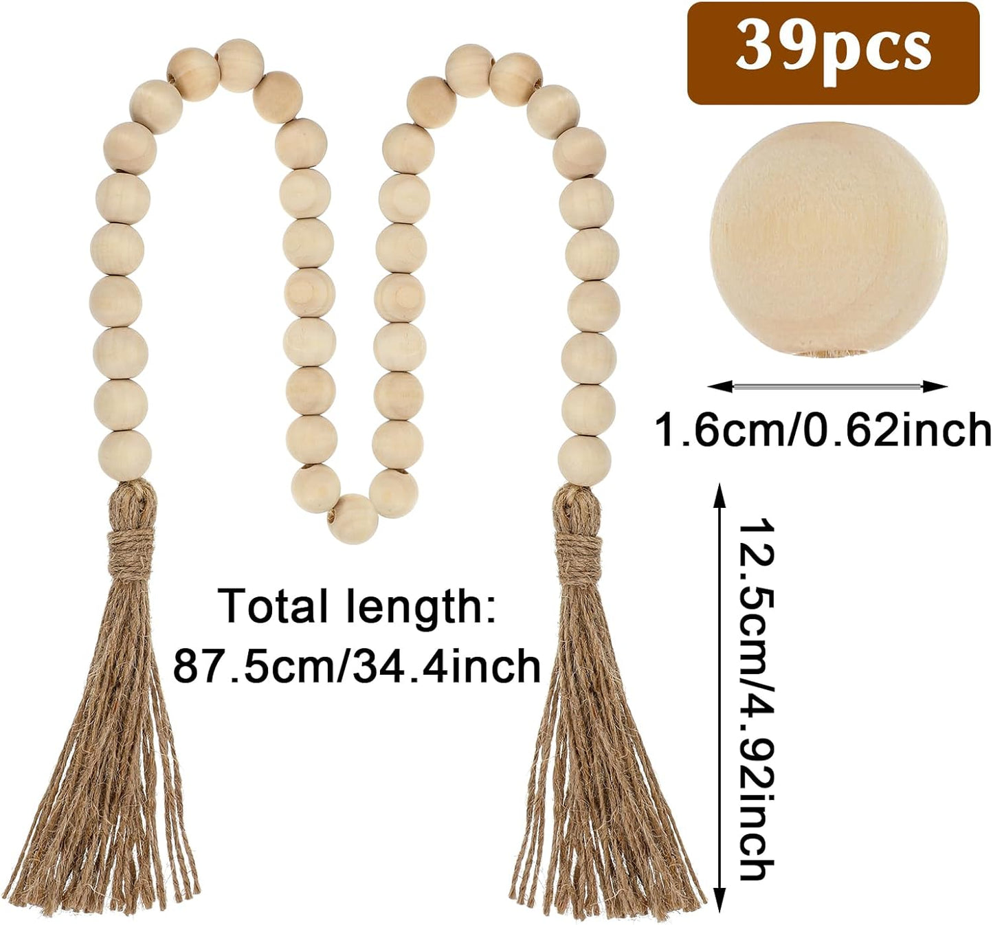 34in Farmhouse Wood Beads Garland with Tassels, Decorative Bead Home Decor Wooden Beads Garland Country Room Hanging for Wood Entryway Table, Shelf, Tray, Curtain Decor (Beige)