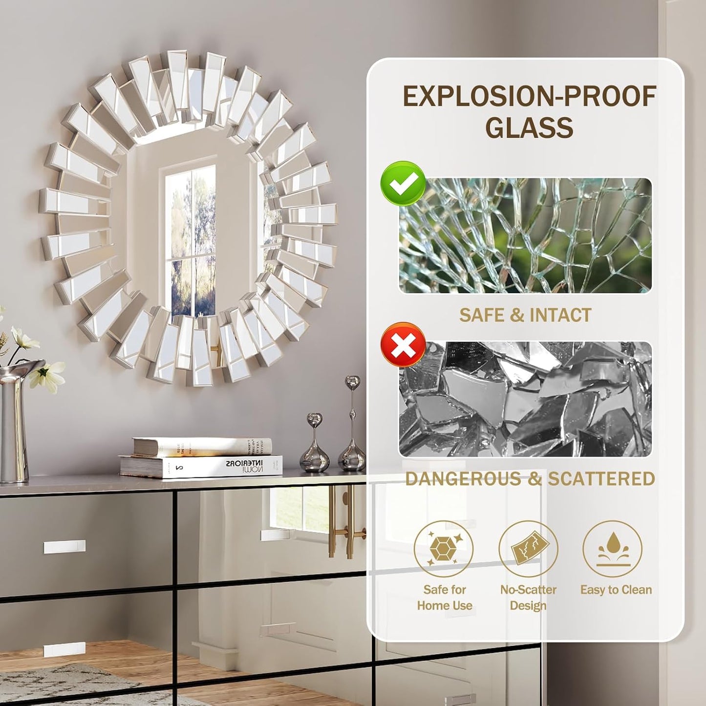 Gold Sunburst Mirror, 26" Sun Mirror Wall Decor with Beveled Glass Frame, Starburst Mirrors for Entryway, Dining Room, Living Room