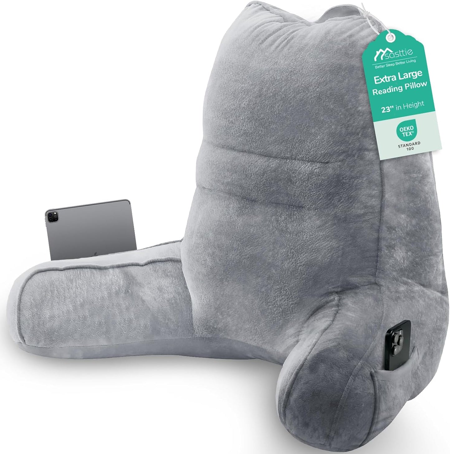 Sasttie Reading Pillows for Sitting in Bed Adult, Back Pillow Bed Sitting Up, Back-Rest Support Cushion for Sit Up on Couch, Sofa, and Floor, Dorm Essentials, Oeko-Tex Certified, Dark Grey