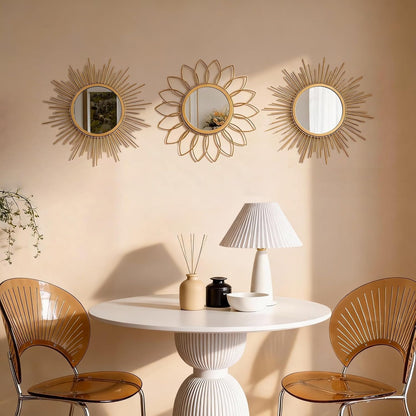 Boho Sunburst Wall Mirror Set of 3, 12 Inch Round Antique & Modern Metal Wall Art, Hanging Over The Door Mirrors for Wall Decor in Living Room, Bedroom, Bathroom, Entryway（Gold）