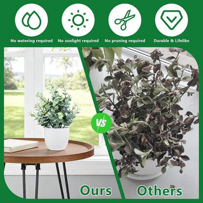 4pcs Fake Small Plants, Artificial Greenery Potted Plant for Home Office Decor, Small Faux Gray Grass Eucalyptus for Bathroom Plants Decoration, Mini Plant Potted Table Shelf Decoration