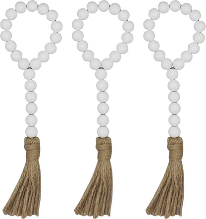CVHOMEDECO. Wood Beads Garland with Tassels 3 PCS Farmhouse Rustic Wooden Prayer Bead String Wall Hanging Accent for Home Festival Decor. Natural