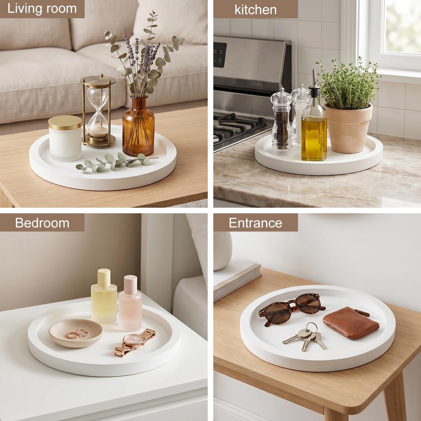 Round Decorative Tray for Coffee Dining Table Countertop Small Wooden Serving Trays Farmhouse Kitchen Home Living Room Decor and Bathroom Accessories Tray Black Rustic Wood Candle Centerpiece Trays