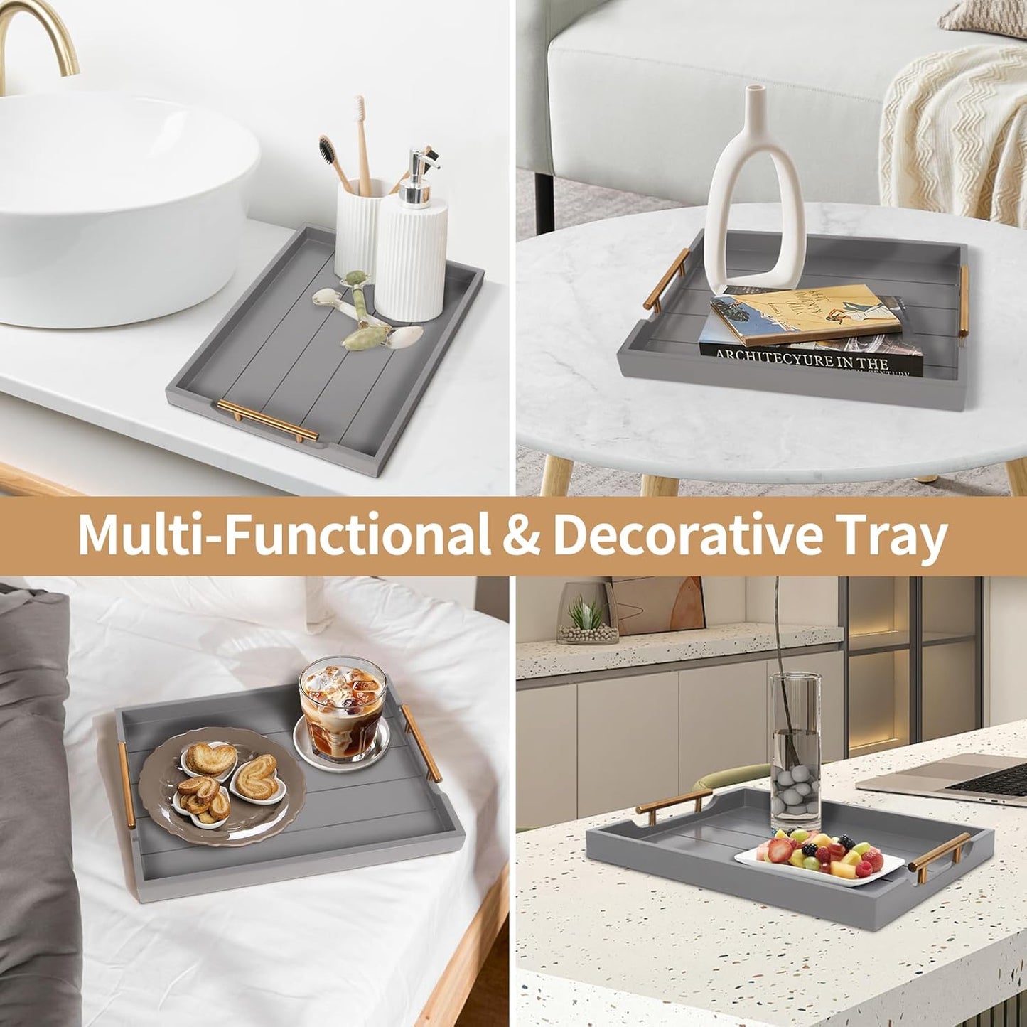 SXNOWS Coffee Table Trays - Large Ottoman Tray for Living Room -Wood Serving Tray with 2 Sets of Handles - Wooden Tray for Coffee Table, 4 Round Coasters Included, Black