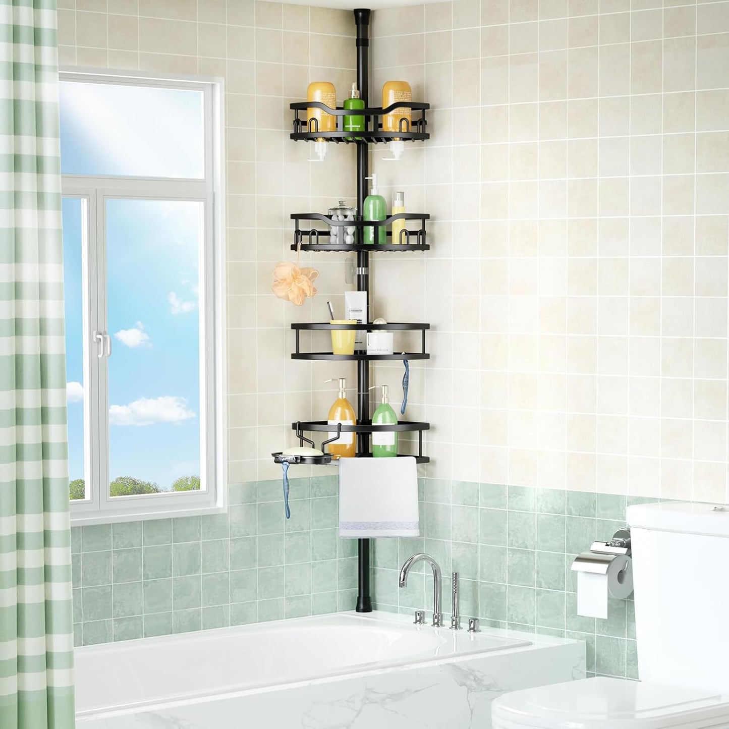 HAMITOR Corner Shower Caddy Tension Pole: Rustproof 4-Tier Bathroom Organizer Shelves for Bathtub Shampoo Storage - 47-121 Inch Quick Install Adjustable Rod Standing Rack with Soap Rack - Silver Gray