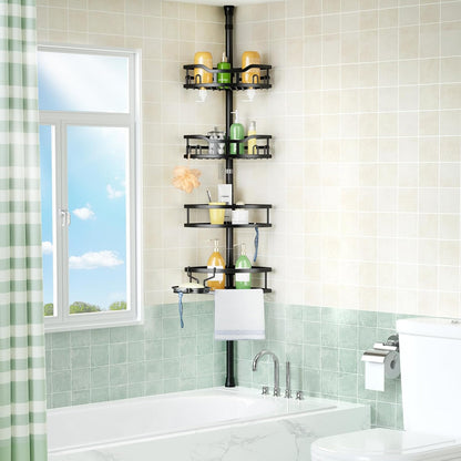 HAMITOR Corner Shower Caddy Tension Pole: Rustproof 4-Tier Bathroom Organizer Shelves for Bathtub Shampoo Storage - 47-121 Inch Quick Install Adjustable Rod Standing Rack with Soap Rack - Silver Gray
