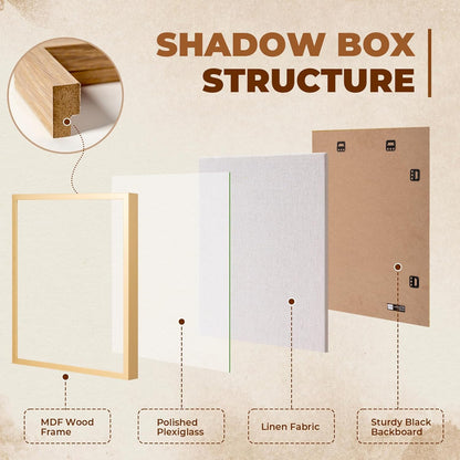 Muzilife 8x8 Shadow Box Picture Frame with Linen Board - Deep Wood & Glass Display Case Ready to Hang Memory Box Baby Sports Memorabilia, Pins, Awards, Medals, Wedding, Tickets and Photos (Black)