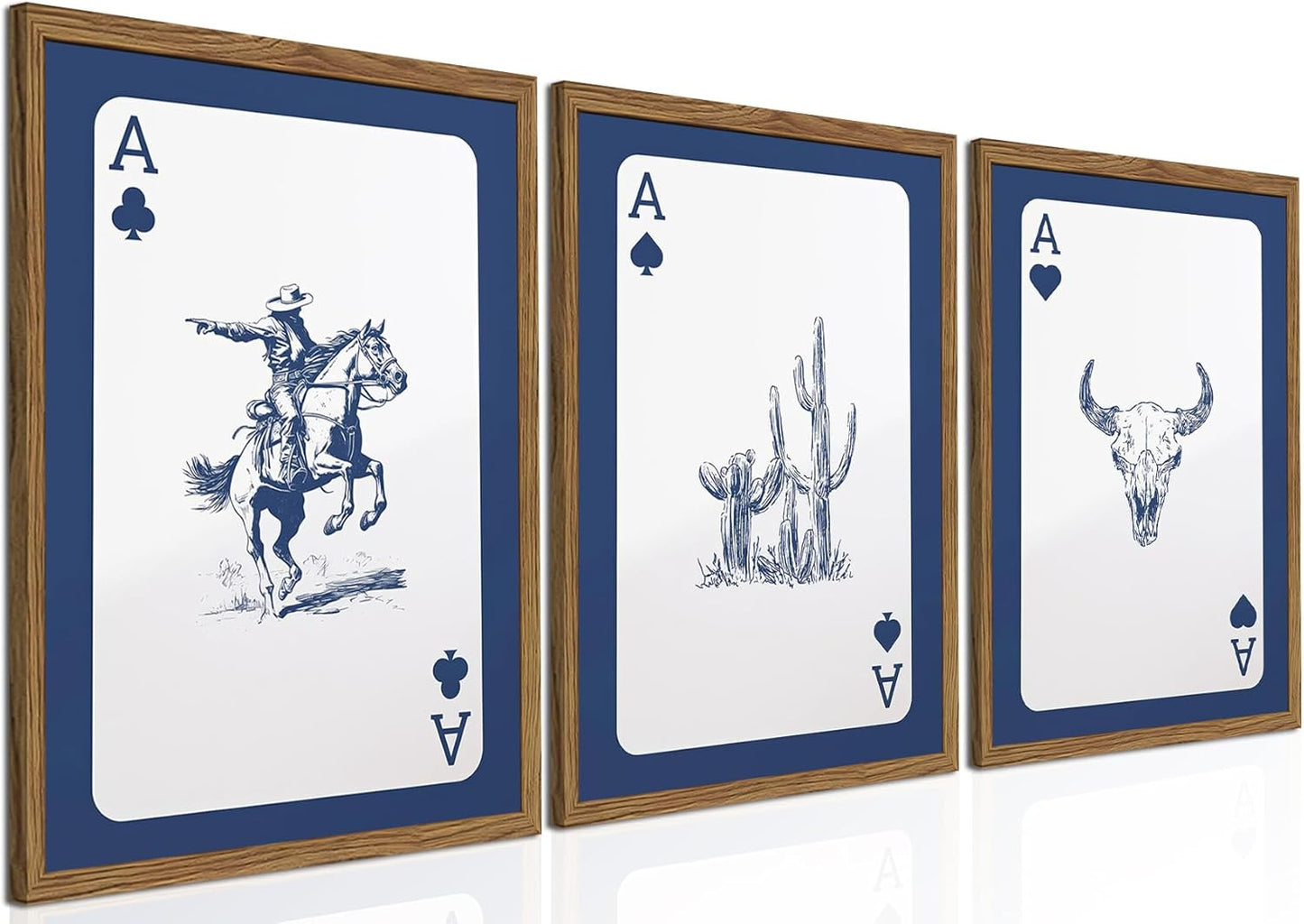 Western Wall Art Set of 3, Southwestern Cowboy Playing Card Wall Decor, Longhorn Bull Skull and How Lucky are We Poster Canvas Painting Prints for Bedroom Living Room 12x16 inch Wood Framed