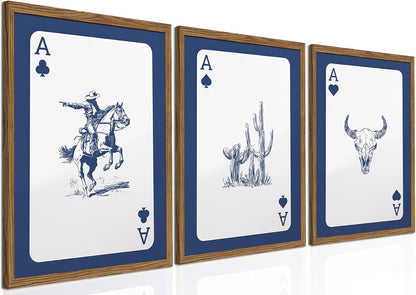 Western Wall Art Set of 3, Southwestern Cowboy Playing Card Wall Decor, Longhorn Bull Skull and How Lucky are We Poster Canvas Painting Prints for Bedroom Living Room 12x16 inch Wood Framed