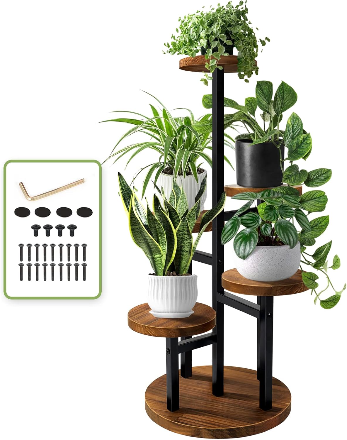 AUGOSTA 3 Tier Plant Stand, Tall Metal Wood Shelf Holder for Indoor, Outdoor Display Rack Flower Pot Stand for Corner Living Room Balcony Garden Patio