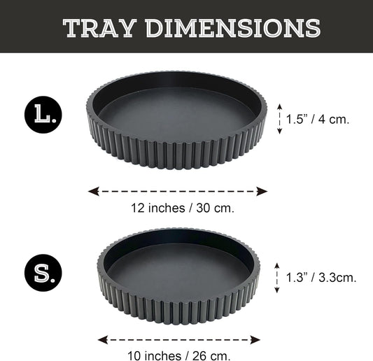 Modern Table Round Decorative Trays 2pcs Home Decor - Circle Coffee Table Centerpiece Set 12"/10" - Wooden Cool Grey Ottoman Tray with Fluted Edge