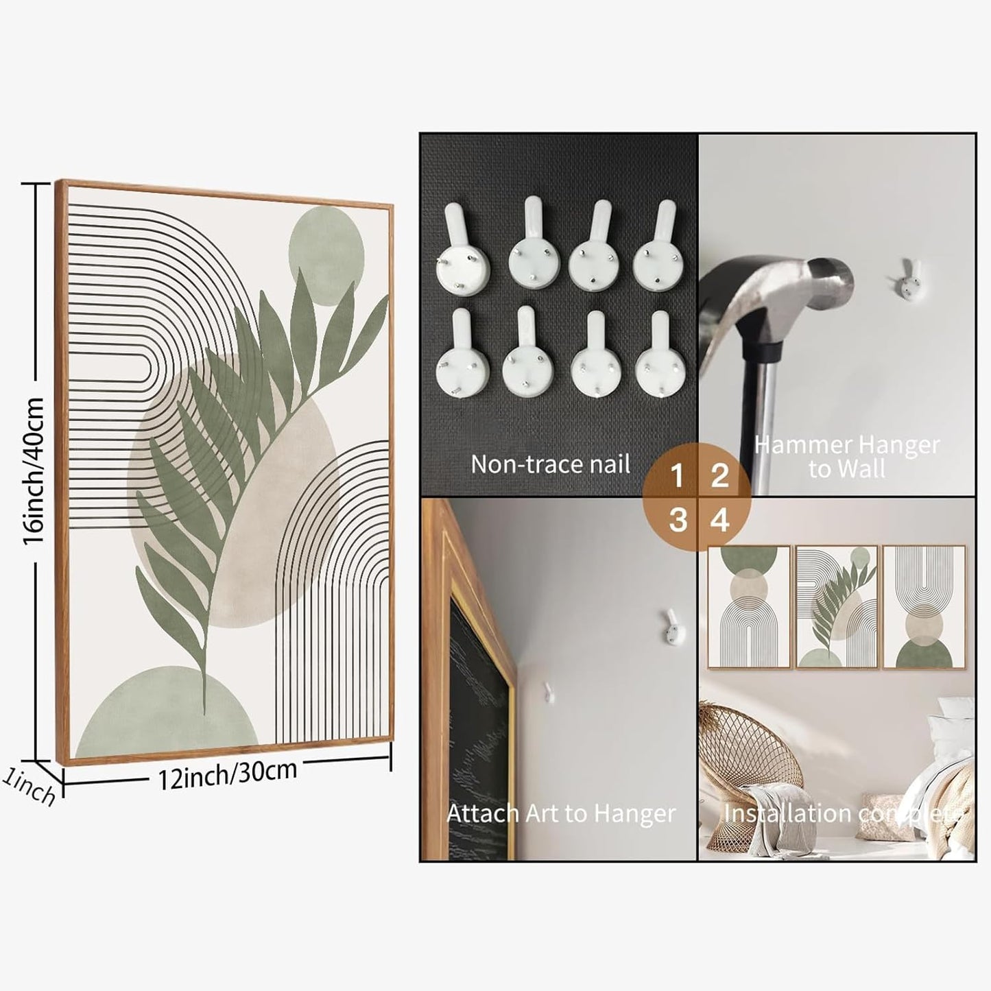 Sage Green Boho Wall Art Set of 3, Minimalist Framed Wall Art Geometric Line Leaf Sun Moon Beige Green Canvas Artwork Paintings, Abstract Botanical Boho Room Decor, Office, 12"x16"