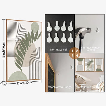 Sage Green Boho Wall Art Set of 3, Minimalist Framed Wall Art Geometric Line Leaf Sun Moon Beige Green Canvas Artwork Paintings, Abstract Botanical Boho Room Decor, Office, 12"x16"