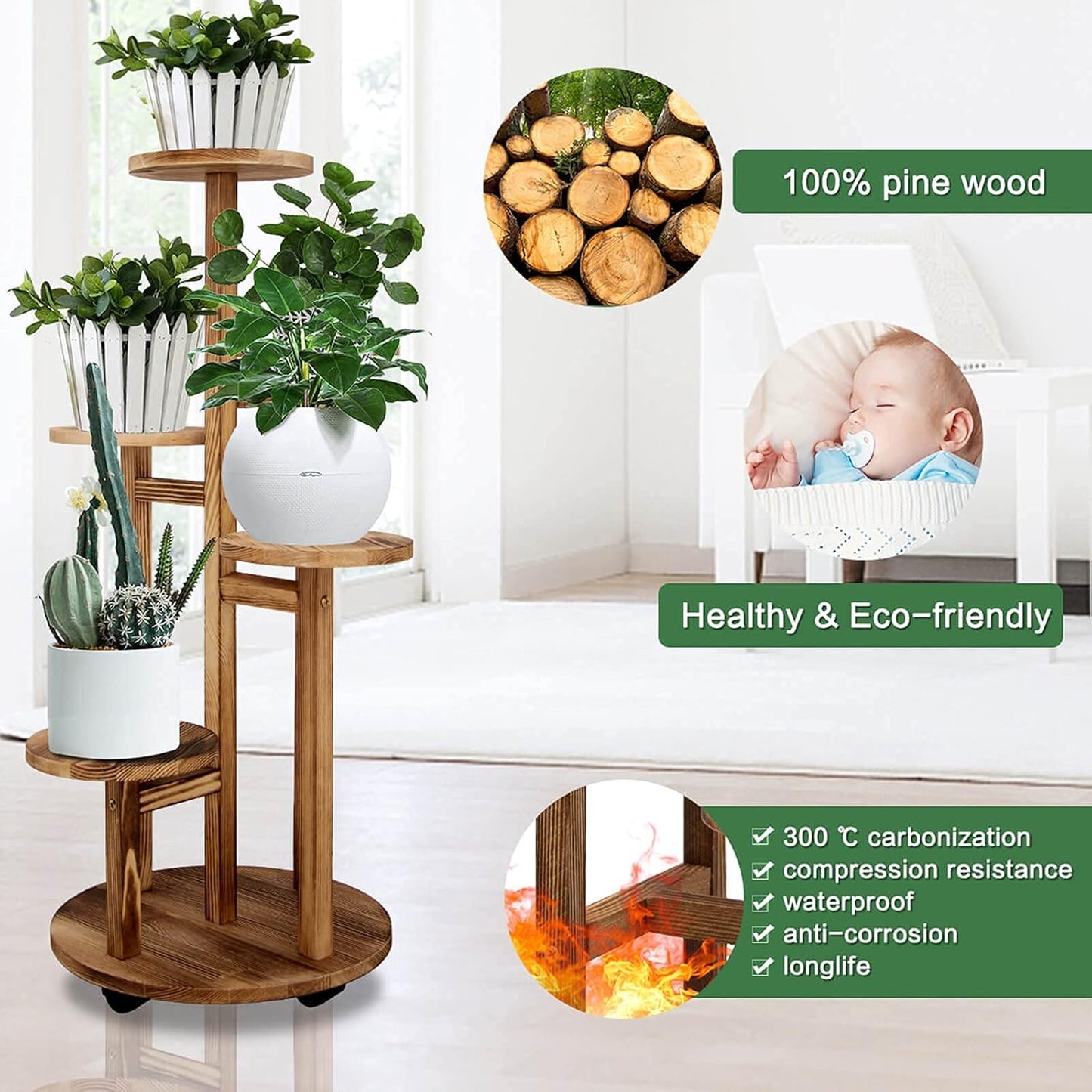 GEEBOBO 5 Tiered Tall Plant Stand for Indoor, Wood Plant Shelf Corner Display Rack, Multi-tier Planter Pot Holder Flower Stand for Living Room Balcony Garden Patio (Brown)