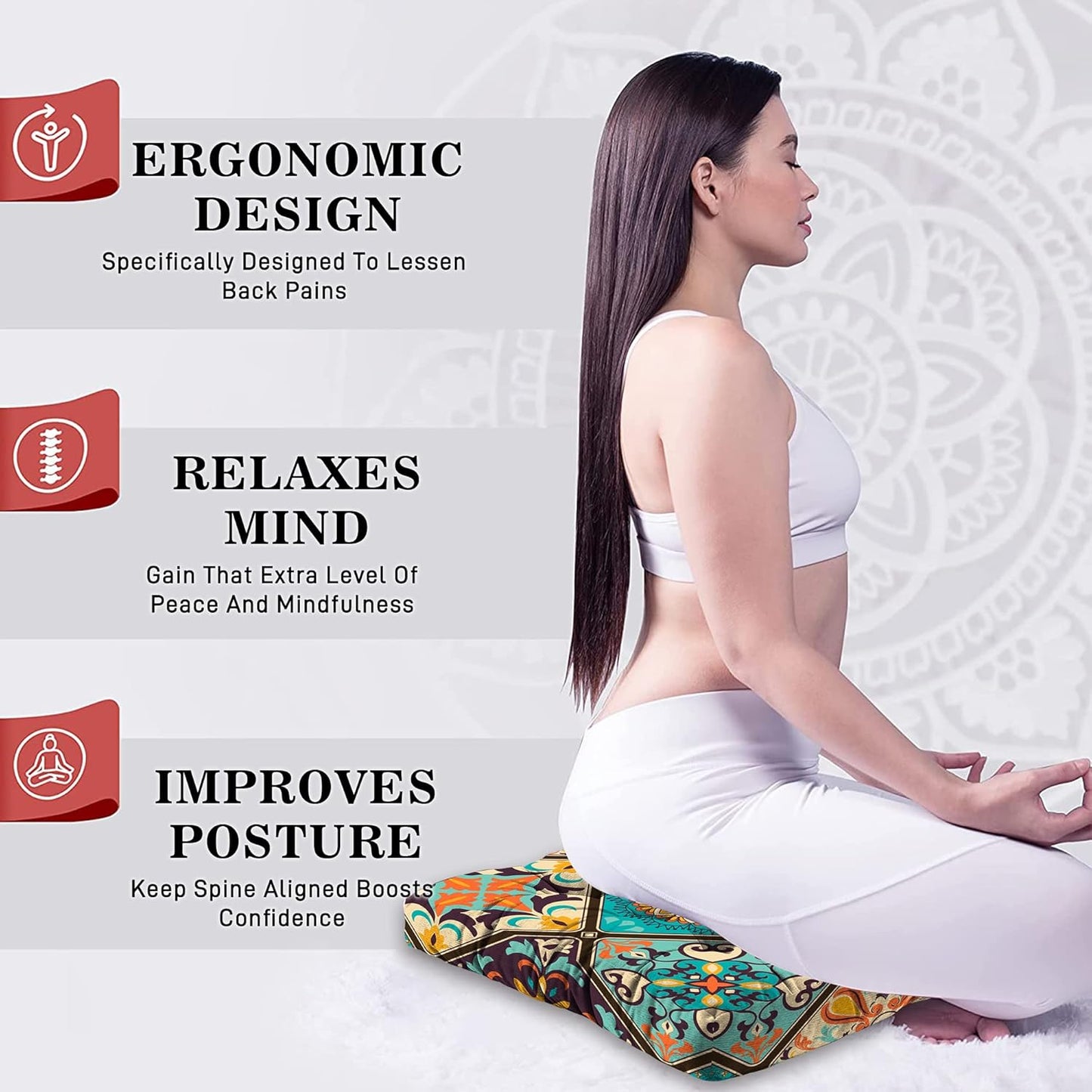Mandala Meditation Cushion, Boho Meditation Mat, Meditation Pillows for Sitting on Floor, Cushions for Sitting in Home and Outdoor, Square Floor Pillow Cushion Seating for Yoga Accessories 22'' X 22''