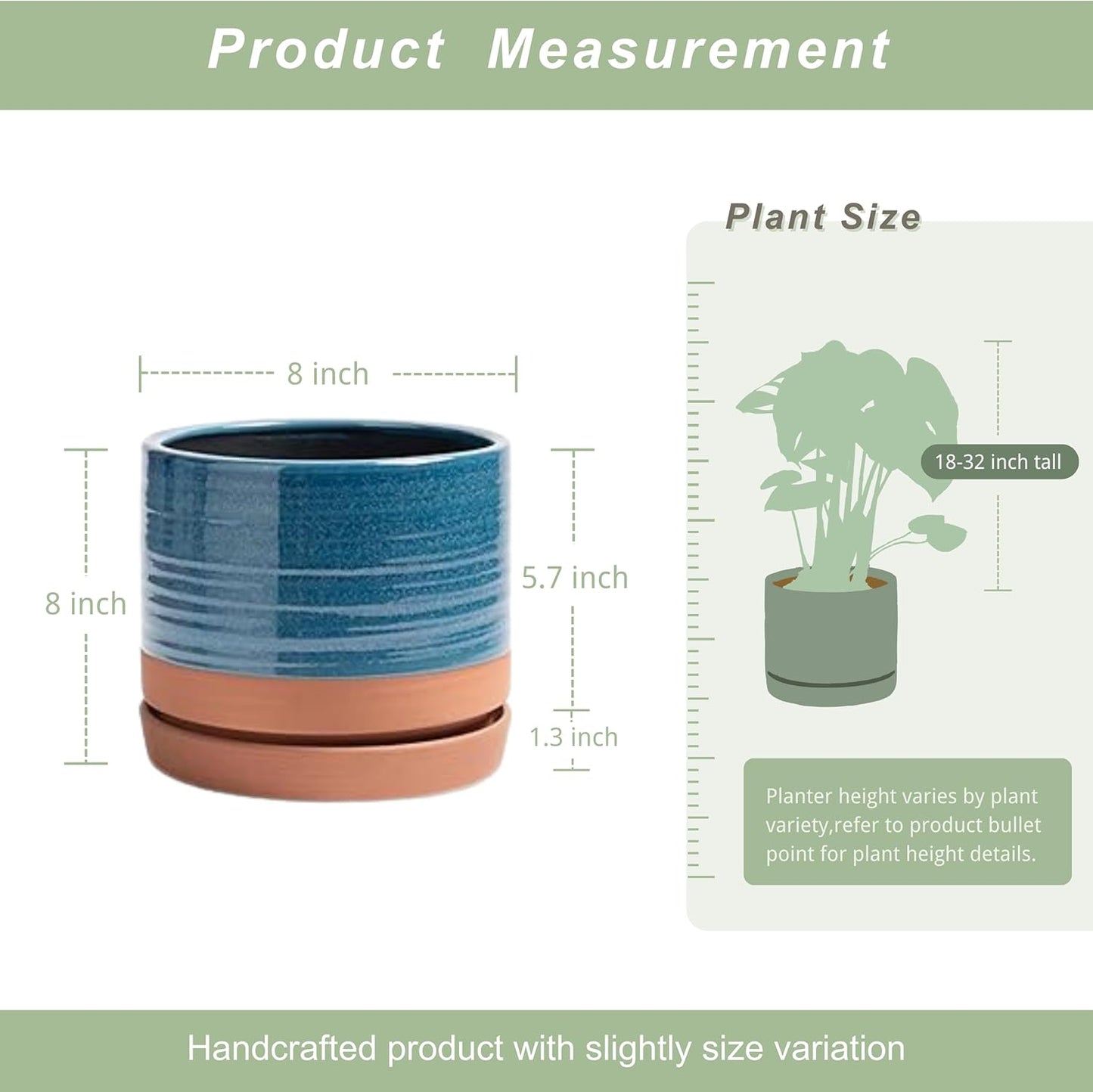 HERDUK 6 Inch Plant Pots, Ceramic Planter Pot with Drainage Hole & Saucer, Indoor/Outdoor Cylinder Round Planter Pot, Green & Beige