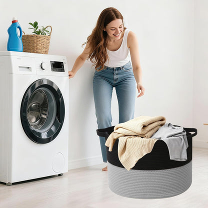 Large Woven Blanket Basket,65L Cotton Rope Laundry Basket Hamper with Handles, Decorative Nursery Basket Storage Bin for Toys, Clothes Organizer, Living Room, Bedroom, Bathroom, White & Brown