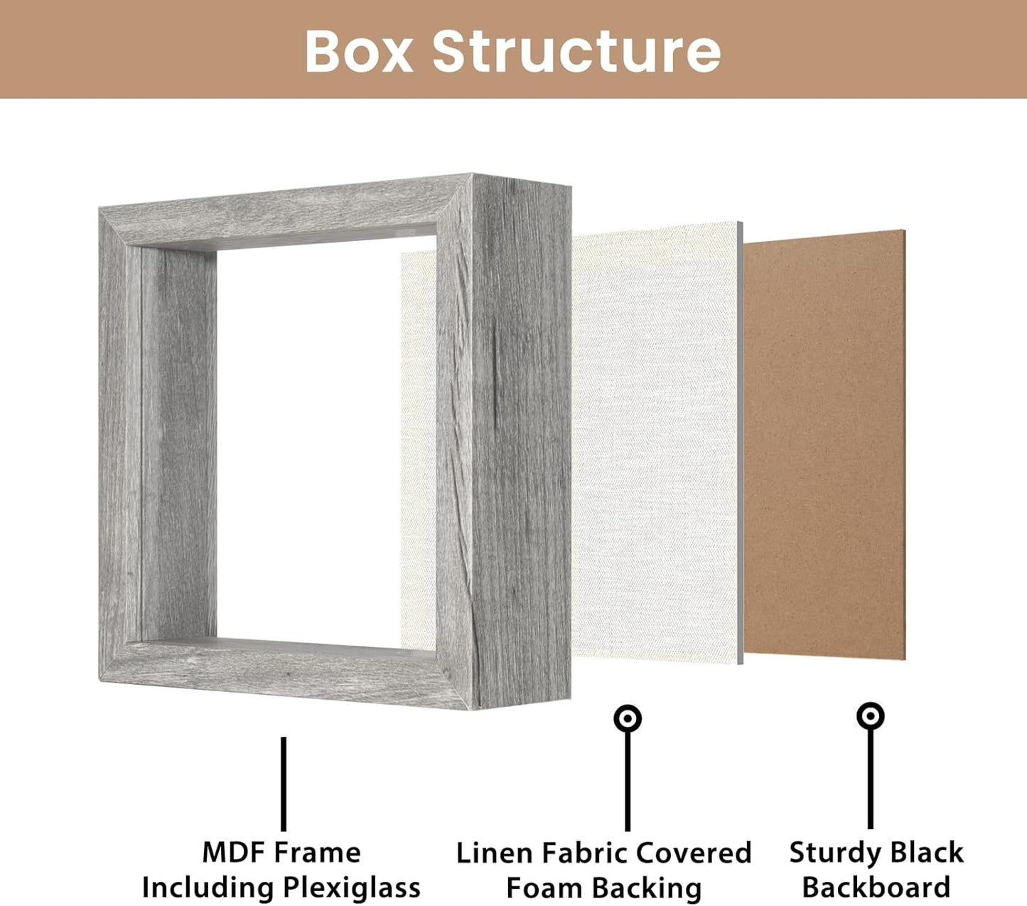 Califortree 8x8 Shadow Box Frame with Soft Linen Back - Push Pins Included, Memory Box Display Case for Flower, Tickets and 3D Items, Black