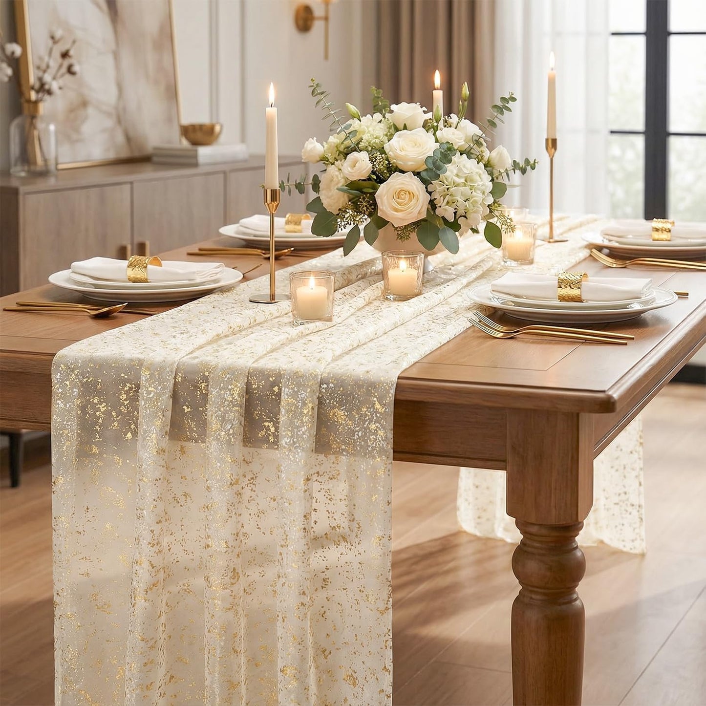 Artoid Mode Beige Gold Gauze Table Runner 120 Inch 10FT, Glitter Metallic Foil Sheer Dining Wedding Anniversary Holiday Birthday Table Decor for Home Party