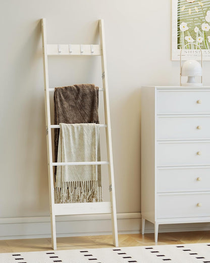 Hzuaneri Blanket Ladder for Living Room, Decorative Quilt Rack with 4 Removable Hooks, 5-Tier Farmhouse Ladder Holder Shelf Organizer for Bedroom, Rustic Brown and Black 02101BBR