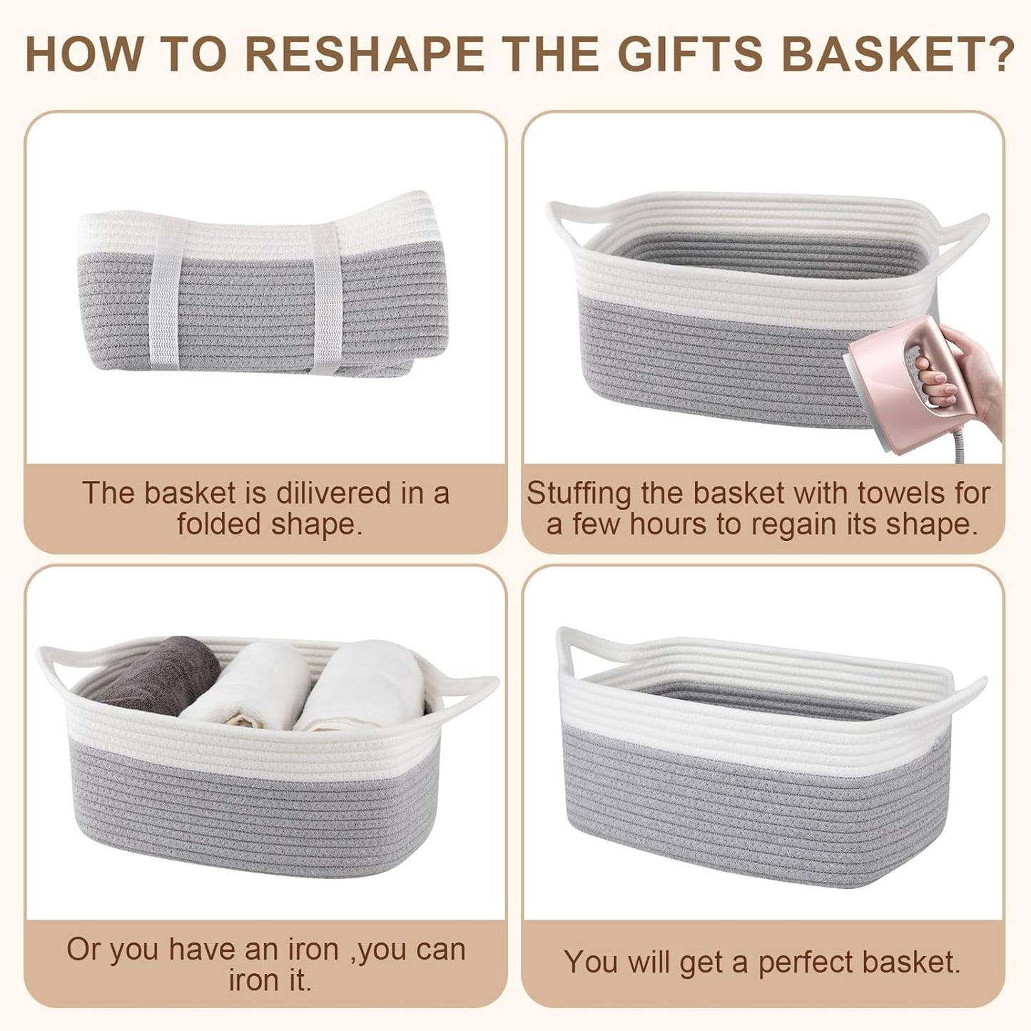 OIAHOMY Woven Basket, Gift Basket Empty with Gift Bags and Ribbons, Rope Baskets for Baby Showers, Storage Baskets with Handles for Nursery, Pet Toy Organizer - White