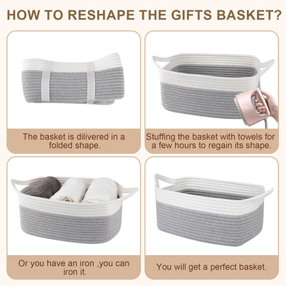 OIAHOMY Woven Basket, Gift Basket Empty with Gift Bags and Ribbons, Rope Baskets for Baby Showers, Storage Baskets with Handles for Nursery, Pet Toy Organizer - White