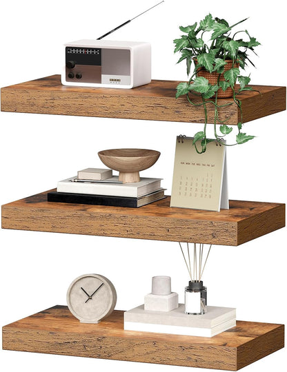 RALGEND Floating Shelves for Wall, 1.5" Thick Wall Shelf Set of 3 with Invisible Brackets, L31.5 x W7.9 Hanging Shelves Farmhouse Home Decor for Bathroom, Living Room, Bedroom, Rustic Brown 8301BJP3BF