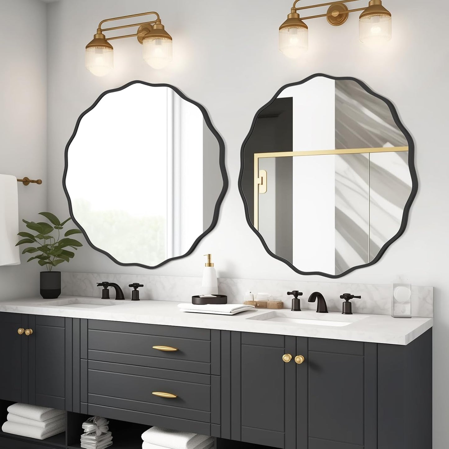 WallBeyond Round Wavy Mirror for Wall Decorative 24 inch, Modern Round Mirror Aluminum Frame for Bathroom Bedroom Living Room Home House Office Entryway, Gold