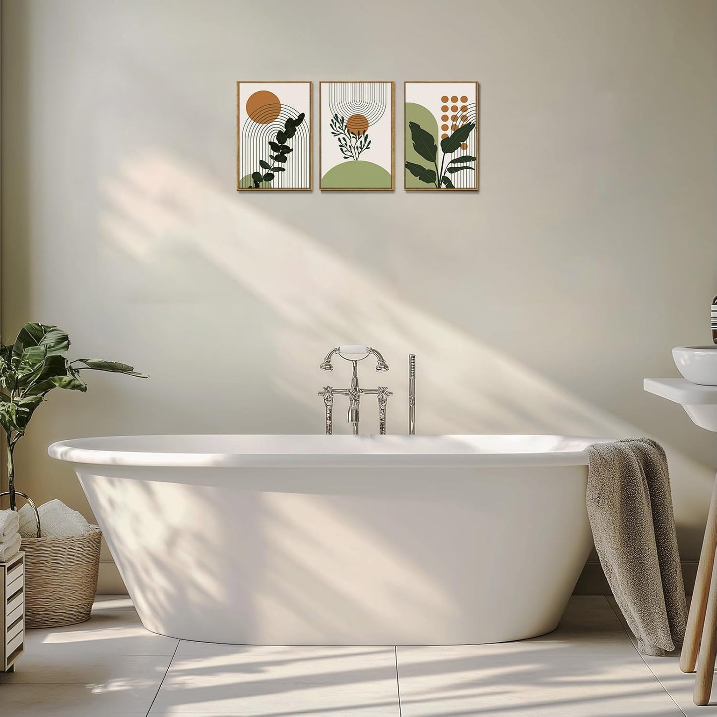 Bwodke Boho Wall Art, Framed Abstract Wall Art, Green Botanical Neutral Canvas Wall Decor, Large Mid Century Plant Pictures Set of 3, Modern Minimalist Paintings, for Bedroom Living Room Bathroom