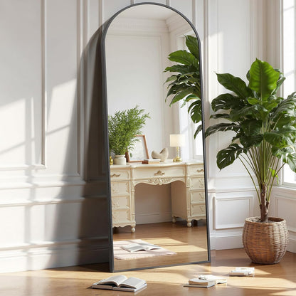 OLIXIS Black Arched Full Length Mirror 60"x16" for Bedroom, Full Body Mirror with Stand, Hanging or Leaning for Wall, Aluminum Alloy Thin Frame Floor Standing for Living Room