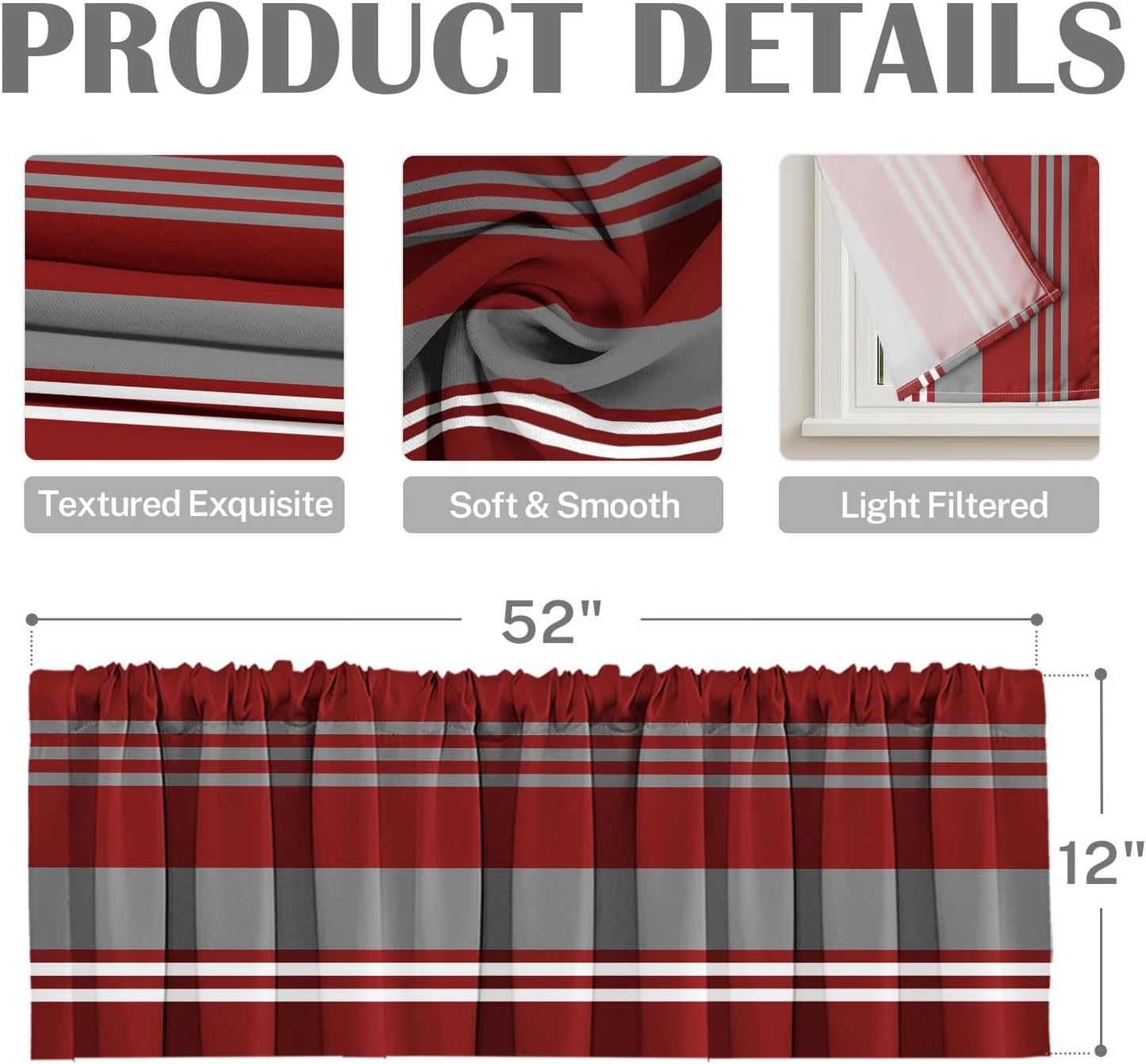 Emvency 2 Pack Dark Grey Valances Window Treatments, Gray Striped Abstract Blackout Drapes Adjustable Curtain for Windows Living Room Kitchen Over Sink, 52x18 Inch Rod Pocket Valances