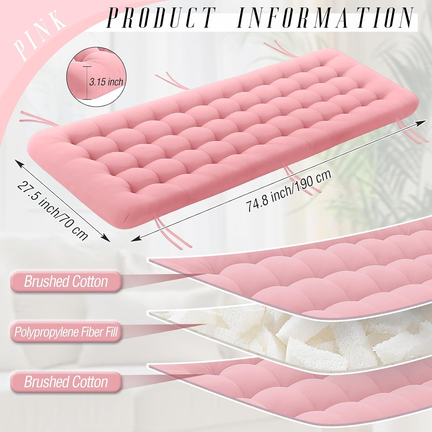Vercraft Long Floor Cushion Large Floor Cushion with Brushed Cotton Jumbo Lounger Pillow for Outdoor Indoor Bay Window Meditation Yoga Reading Sleeping(Pink)
