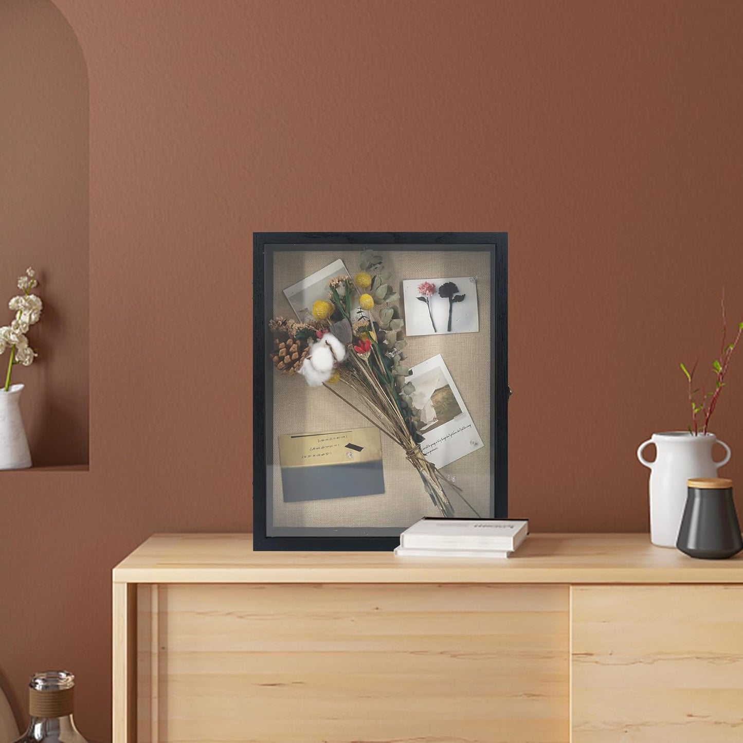 GraduatePro Shadow Box Frame 11x14 Display Case with Linen Back, Real Glass Window Door with Hinge, Picture Frame Wedding Bouquet Memorabilia Medals Photos Memory Box for Keepsakes, Carbonized Black