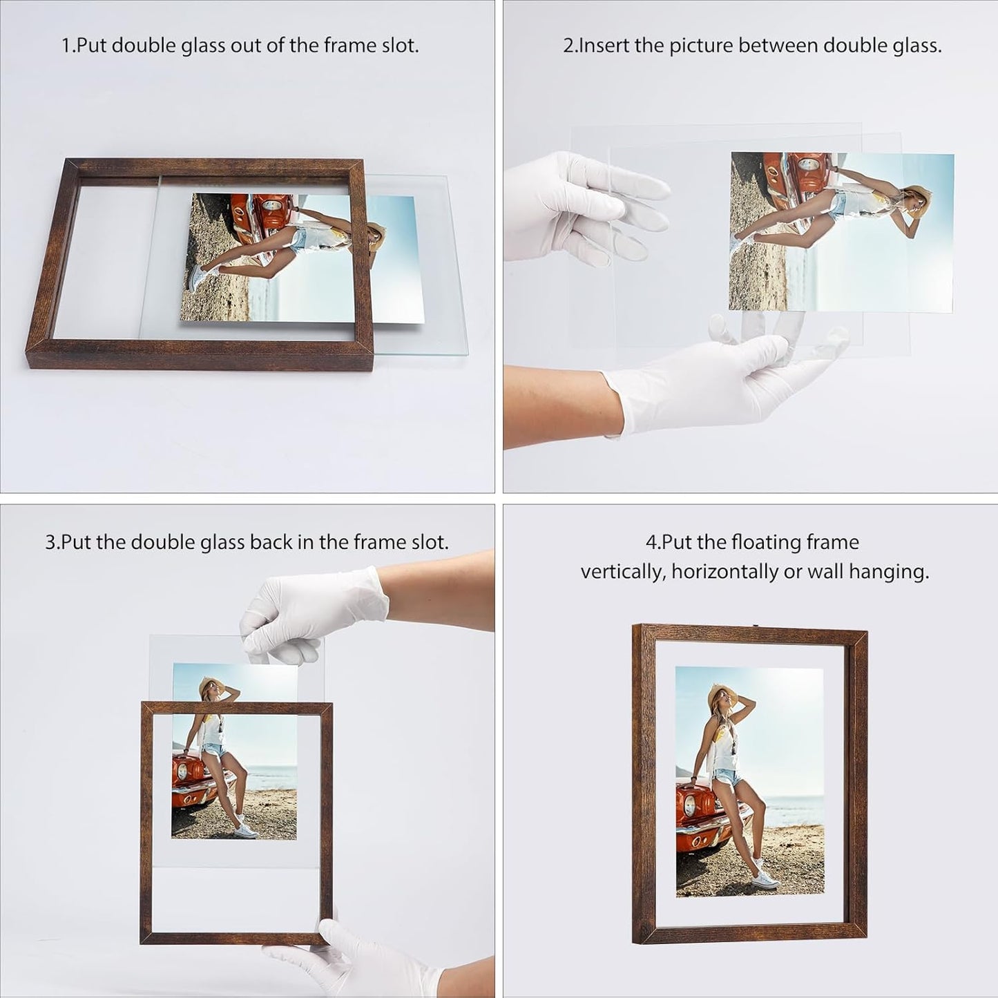 Trwcrt 4x6 Floating Picture Frames Set of 4, Double Glass Photo Frame Display up to 6 x 8 Photos for Desktop or Wall Hanging, Black