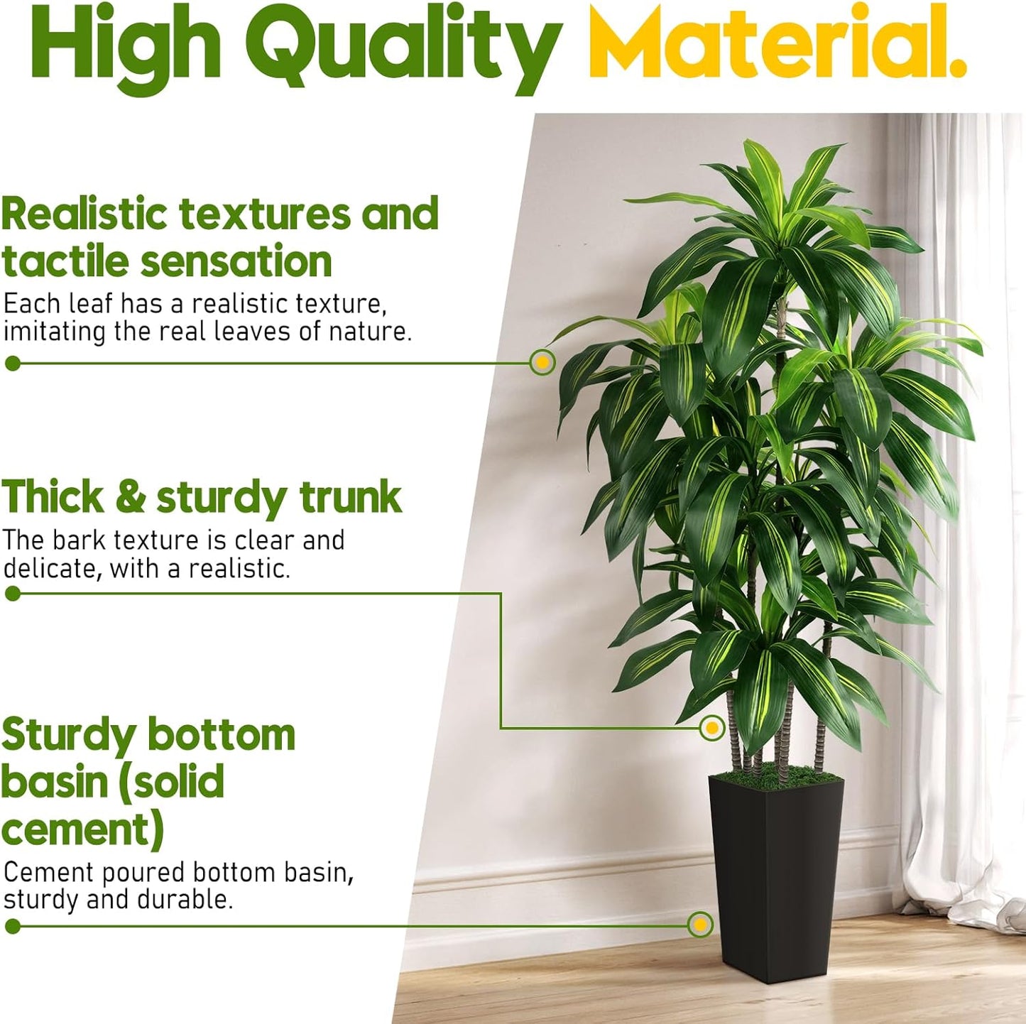 Artificial Dracaena Tree Indoor, 5FT Tall Fake Tree with White Tall Planter, Artificial Tree Fake Yucca Potted Tree for Home Office Living Room Decor, Tall Artificial Plant for Housewarming