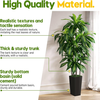 Artificial Dracaena Tree Indoor, 5FT Tall Fake Tree with White Tall Planter, Artificial Tree Fake Yucca Potted Tree for Home Office Living Room Decor, Tall Artificial Plant for Housewarming