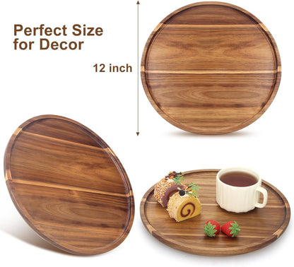 Round Decorative Tray for Coffee Dining Table Countertop Small Wooden Serving Trays Farmhouse Kitchen Home Living Room Decor and Bathroom Accessories Tray Black Rustic Wood Candle Centerpiece Trays