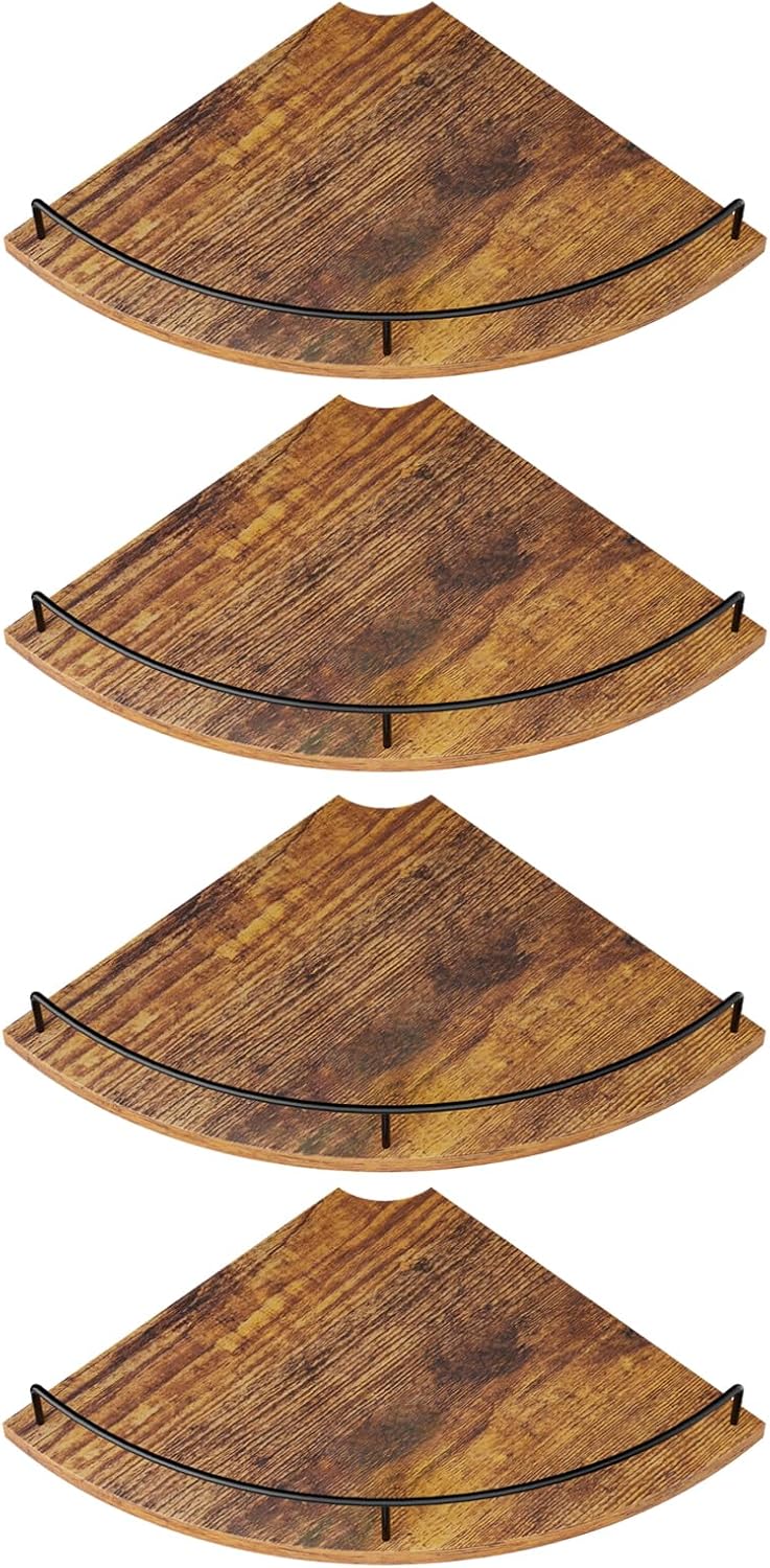 Corner Floating Shelves, Rustic Brown Wood, Set of 2, Wall Mount Storage with Guardrail for Bathroom Kitchen Living Room