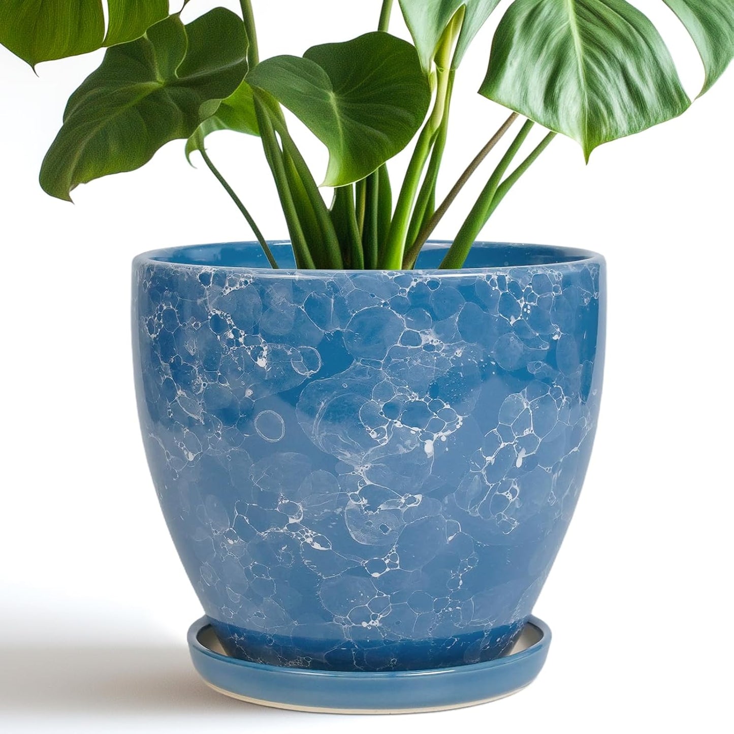 10 Inch Ceramic Planter Pot Round Plant Pot for Indoor Plants Outdoor Large Flower Pot with Drainage Hole and Saucer Blue