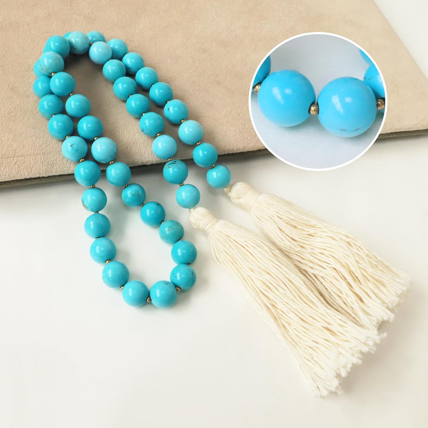 Gemstone Bead Garland with Tassel,31inch Farmhouse Rustic Country Table Decor Prayer Healing Beads Boho Wall Shelf Hanging Decoration (Turquoise Ball)