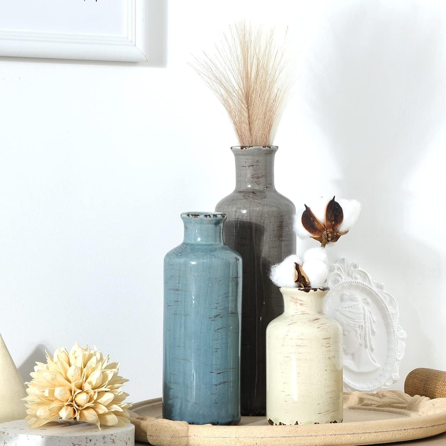 Modern Ceramic Vase Set of 5, Vases Home Decor Rustic Farmhouse Decorative Vase Pottery Vases for Bouquet Pampas Grass Dried Fresh Flowers, Table Living Room Kitchen Bedroom